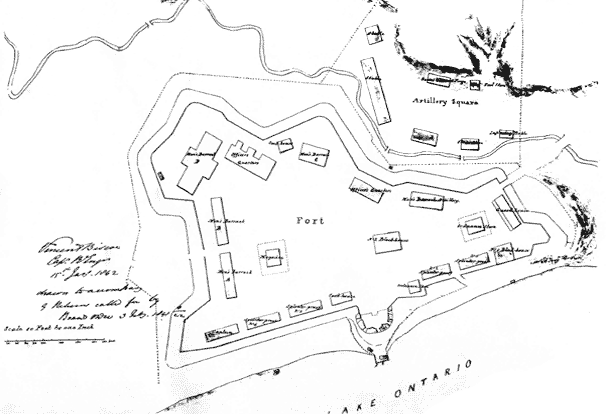 Fort York in 1842 from a British Army map by Capt. Vincent Biscoe. Note the palisades and stockades around the fort and artillery square.[i] (Library and Archives Canada, C-137340)[/i]